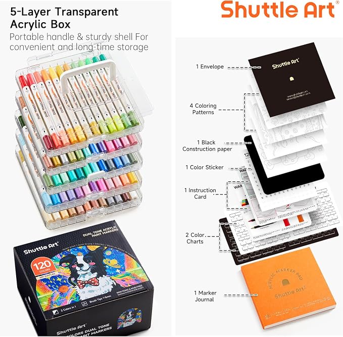 Shuttle Art 120 Colors Dual Tone Acrylic Paint Markers, 60 Pack Acrylic Paint - Image 4