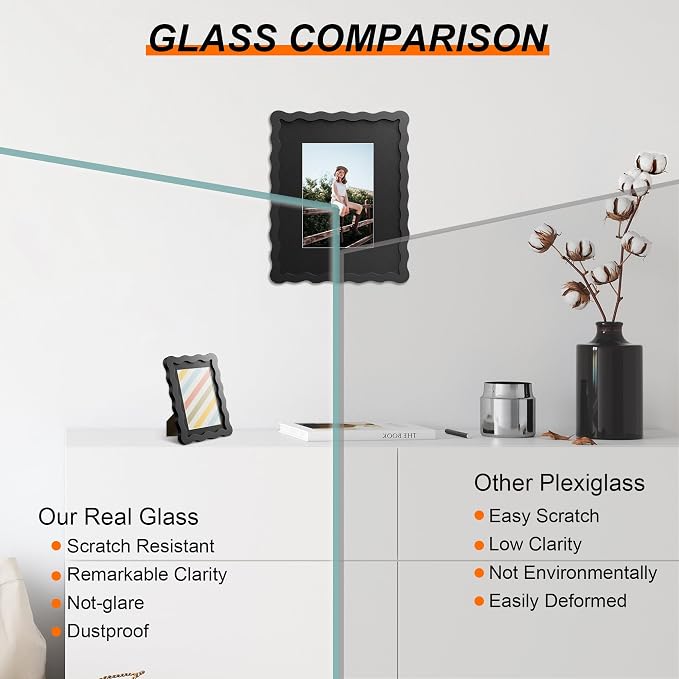 4x6 Picture Frame with Mat for 3.5x5, Wavy Edge Wooden Real Glass Photo Frame - Image 2