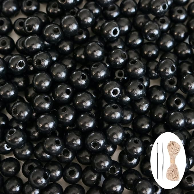 500Pcs Black Wooden Beads for Crafts, Natural Round Loose Beads Small Wood by SMANTA