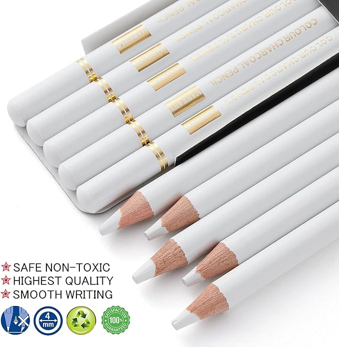 MARKART Professional White Charcoal Pencils Set, 5 Pieces Sketch Highlight - Image 2