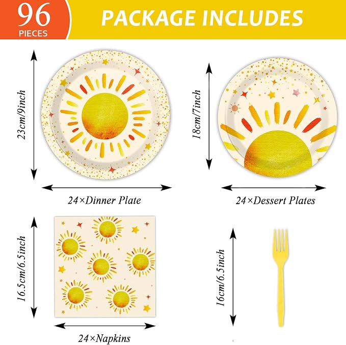 96 Pieces First Trip Around The Sun Decorations Sunshine Birthday Party Plates - Image 2