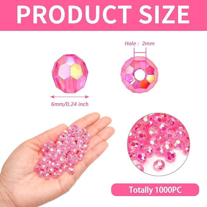 BONNY BOXX 1000pcs 6mm Acrylic Faceted Round Crystal Beads Transparent Pink AB - Image 2