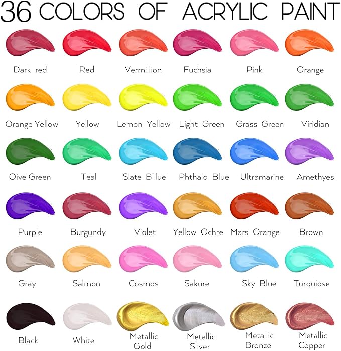 55PCS Acrylic Paint Set of 36 Colors 2fl oz 60ml Bottles 12 Brushes, Non Toxic - Image 2