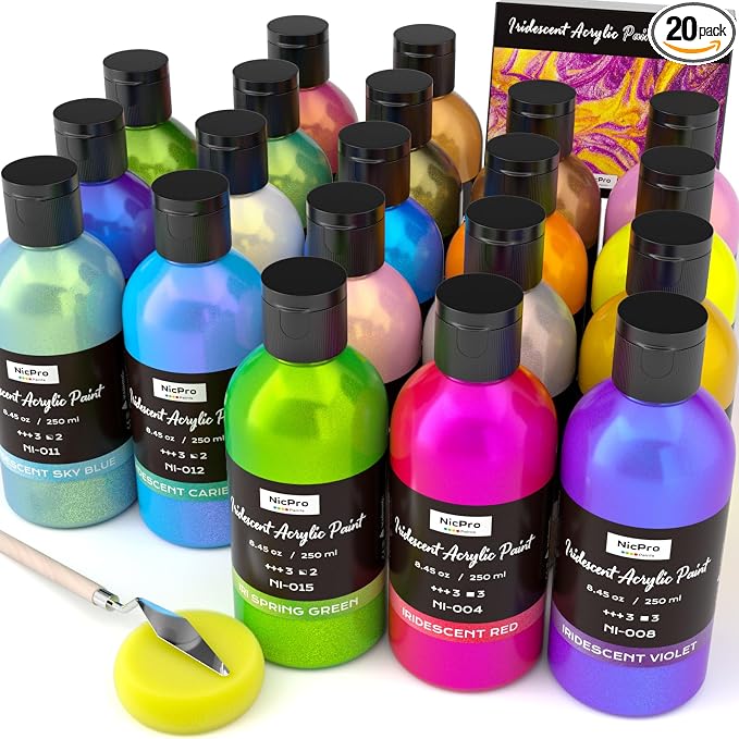 Nicpro 20 Colors Iridescent Acrylic Paint, 8.45oz / 250ml Large Bulk Metallic by Nicpro