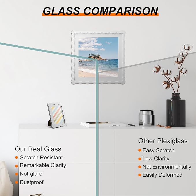 12x12 Picture Frame with Mat for 10x10, Wavy Edge Wooden Real Glass Photo Frame - Image 2