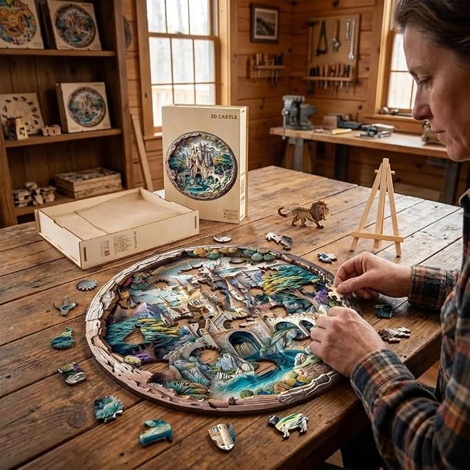Wooden Puzzles Adults, 3D Fantasy Castle Round Wood Puzzle 300 Pieces, Unique - Image 2
