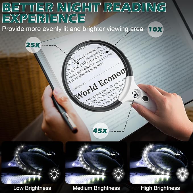 Large Magnifying Glass with Light, 12 LED Lights, Storage Bag, Clean Cloth - Image 2