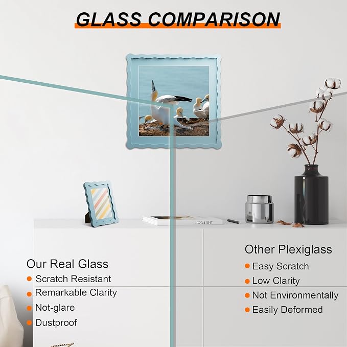 12x12 Picture Frame with Mat for 10x10, Wavy Edge Wooden Real Glass Photo Frame - Image 2