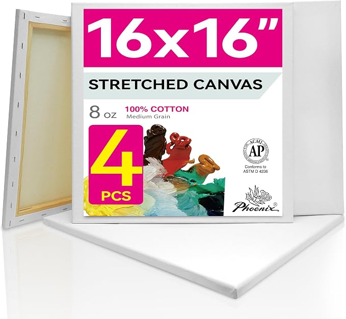 PHOENIX Stretched Canvas for Painting 16x16 Inch/4 Value Pack, 8 Oz Triple by PHOENIX