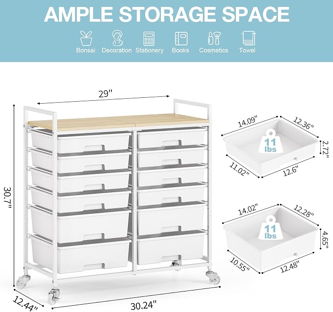 Rolling Storage Cart with 12 Drawers, Wooden Tabletop Utility Cart - Image 3