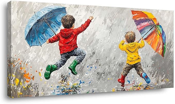 ZESTRILIA Joyful Kids Playing in Rain Canvas Wall Art, Rainbow Umbrella - Image 2