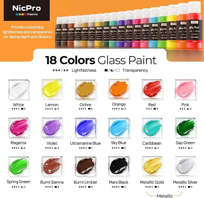 Nicpro 18 Colors Stained Glass Paint Set, 1oz / 30ml Waterproof Acrylic Enamel - Image 7