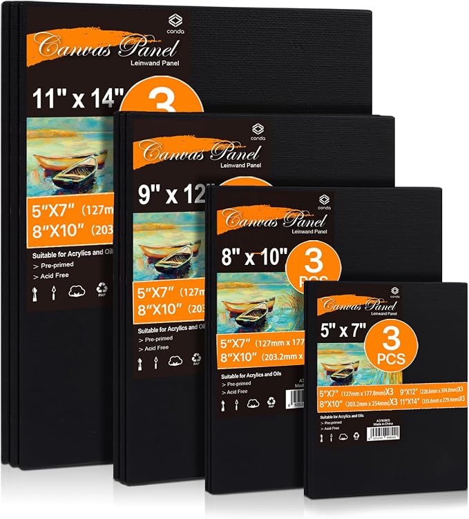 CONDA Black Canvas Board for Painting, 12 Pack Multi Size 11x14, 100% Cotton by CONDA