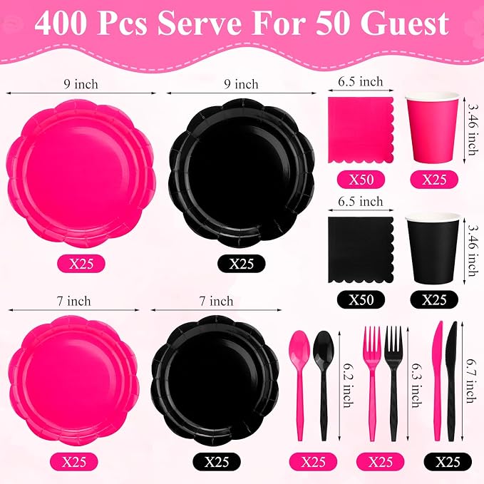Pickmesh 400 Pcs Hot Pink and Black Birthday Party Supplies Include Hot Pink - Image 3