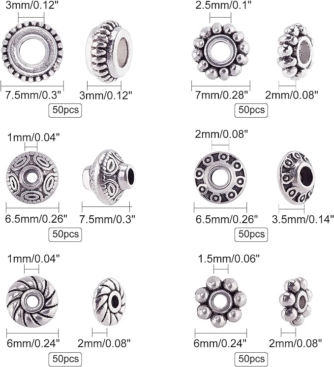 PH PandaHall 300pcs 6 Style Antique Silver Spacer Beads, Tibetan Metal Alloy - Image 3