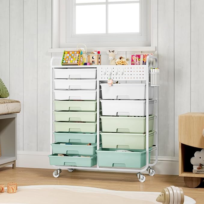 Rolling Storage Cart with 14 Drawers, Storage Organizer Cart with Tabletop and - Image 2