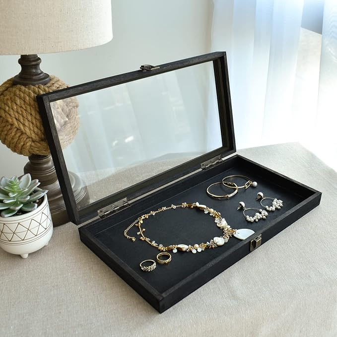 MOOCA Wood Tempered Glass Top Jewelry Display Case Accessories Storage Box - Image 8