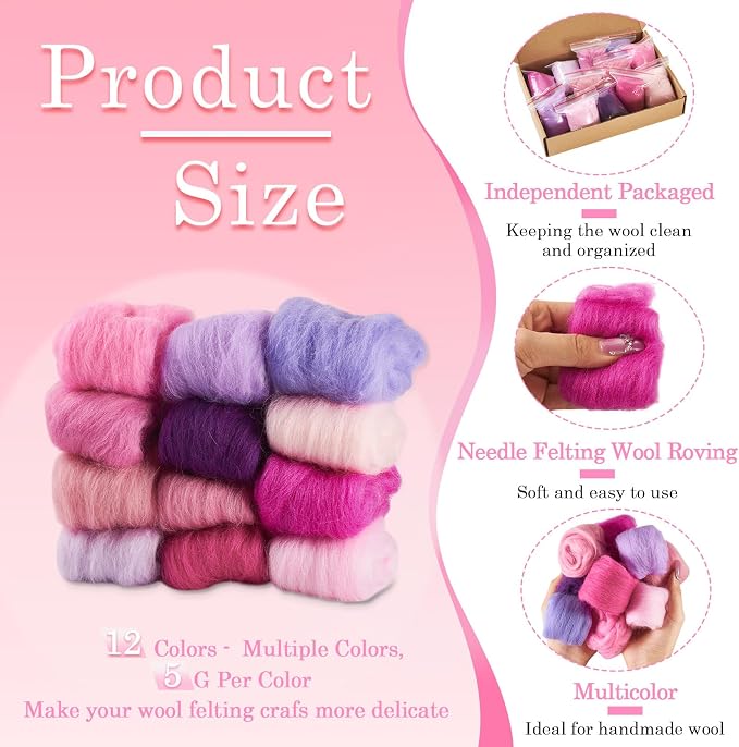 FASHEWELRY 2.12 oz Wool Roving for Needle Felting Kit 12 Colors Felting Wool - Image 2