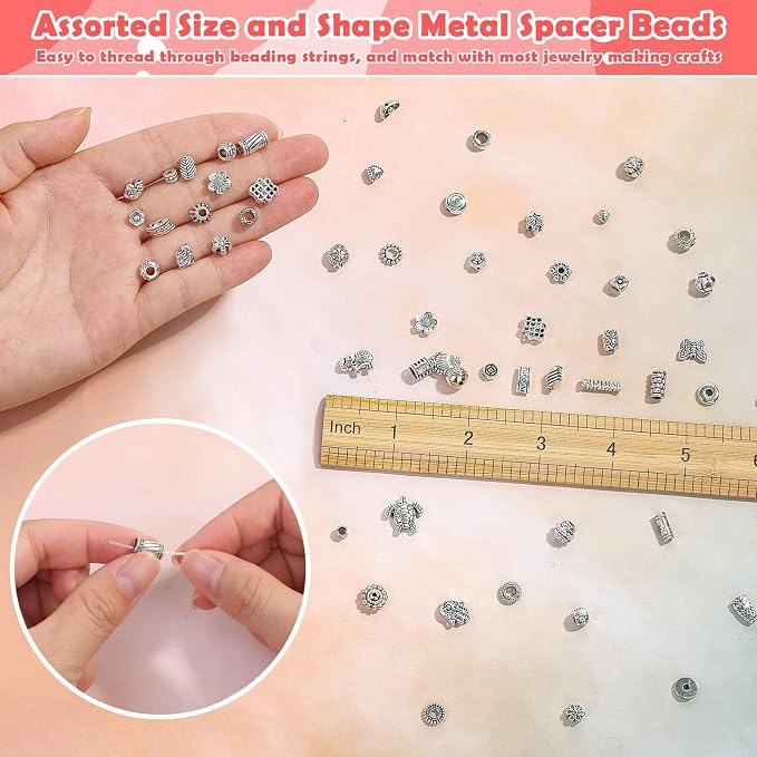 350 Pcs Silver Spacer Beads for Jewelry Making, Mixed Bulk Random Styles Metal - Image 4