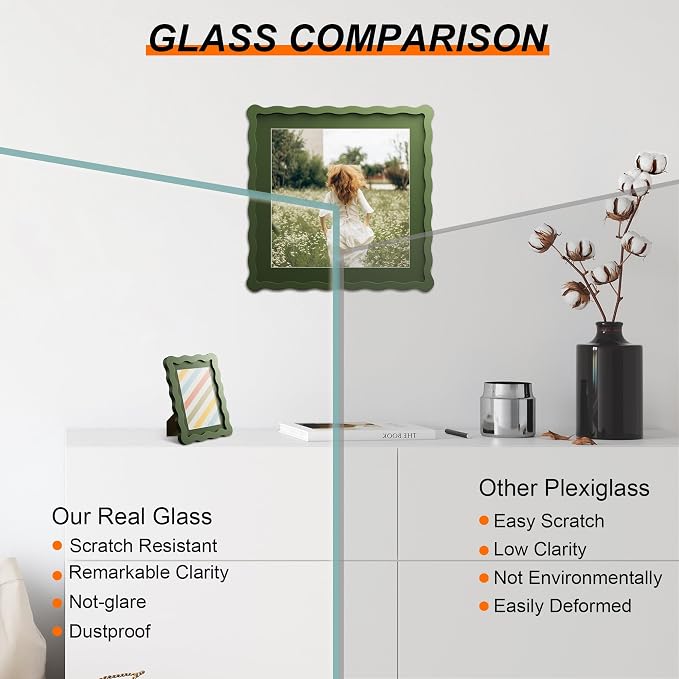 4x4 Picture Frame with Mat for 3x3, Wavy Edge Wooden Real Glass Photo Frame for - Image 2