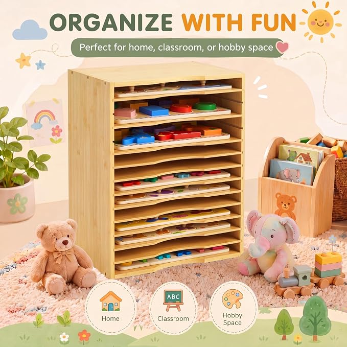 Ripeng 1 Pack Bamboo Puzzle Holder Rack, 12-Tier Adjustable Storage Organizer - Image 5