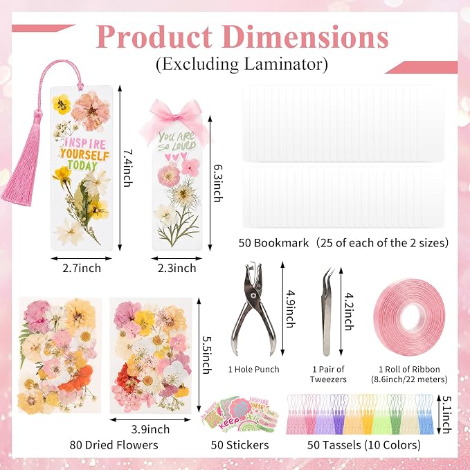 Pressed Flower Bookmark Kit, Includes 80 Dried Flowers, 50 Laminating Pouches - Image 2