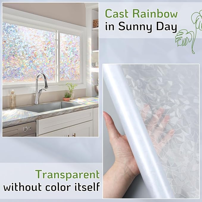 LUTE Rainbow Window Privacy Film, Stained Glass Cling, 17.5" x 157.4" | 3D - Image 3