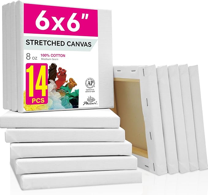 PHOENIX Small Stretched Canvas for Painting 6x6 Inch/14 Bulk Pack, 8 Oz Triple by PHOENIX