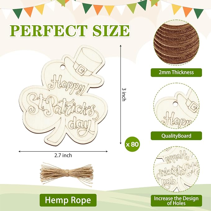 80PCS Wooden St. Patrick's Day Ornaments to Paint Shamrock Cutout Decorations - Image 7