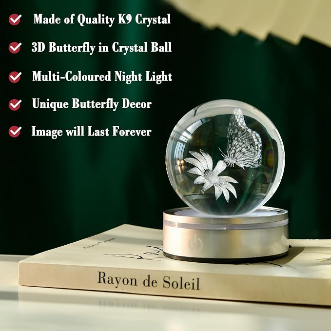 IFOLAINA 3D Butterfly Crystal Ball Decor Lamp Gifts Ideas - Image 2
