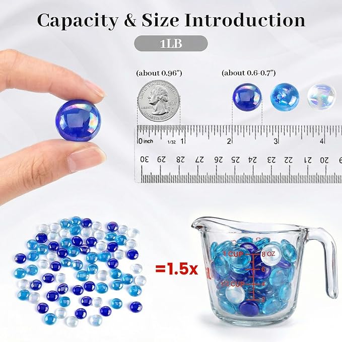 FUTUREPLUSX 1LB Iridescent Flat Glass Marbles, Vase Fillers Blue Mixed Glass - Image 2