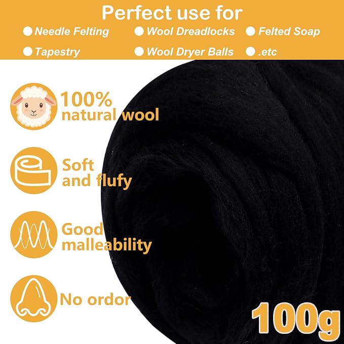 Black Wool for Needle Felting, 3.5oz Felting Wool, Soft Wool Batting for DIY - Image 2