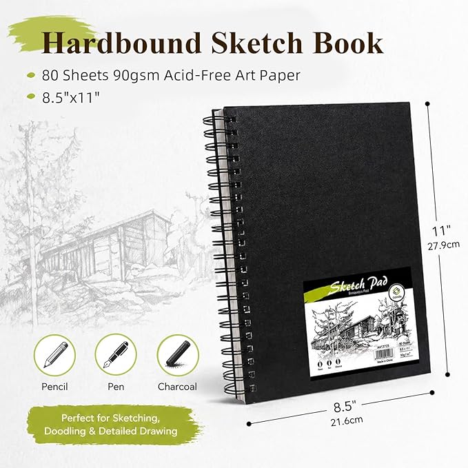 Conda 8.5"x11" Hardbound Sketch Book, 80-Sheets 90gsm Double-Sided Hardcover - Image 2
