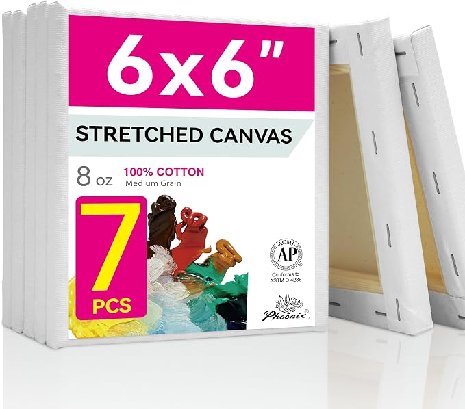 PHOENIX Small Stretched Canvas for Painting 6x6 Inch/7 Value Pack, 8 Oz Triple by PHOENIX