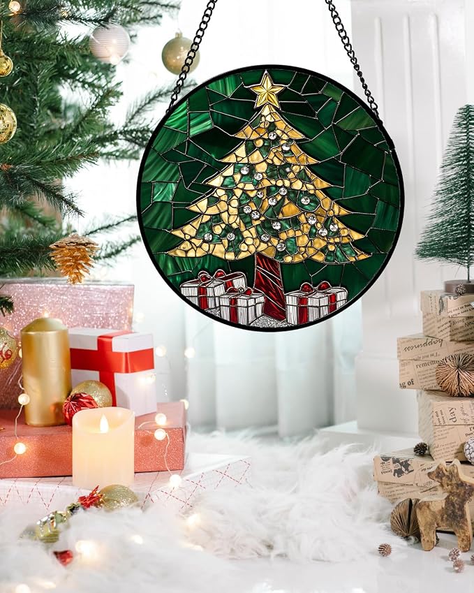 Stained Glass Window Hanging -Gold Green Christmas Tree Suncatcher - Image 3