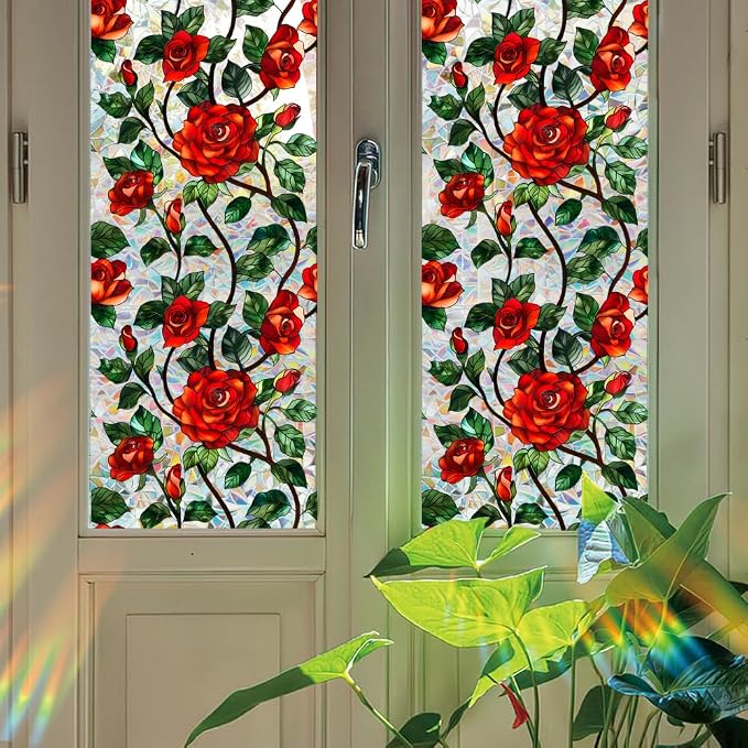 Bloss Rose Stained Glass Windows Film, 35.4x78.7inch 3D Flower Privacy Window - Image 6