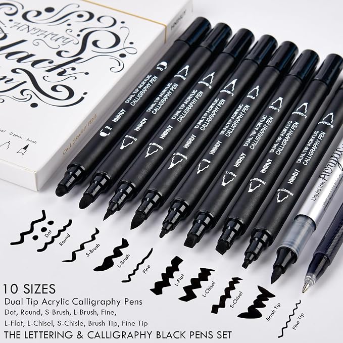 Dual Tip Black Acrylic Calligraphy Pens, 10 Size Calligraphy markes - Image 2
