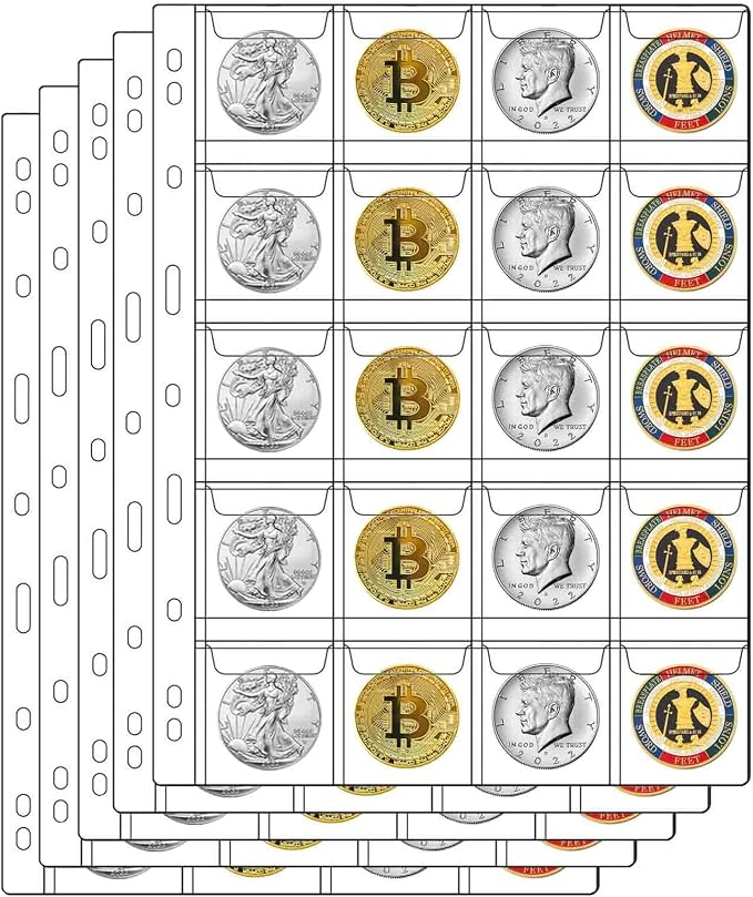 20-Pocket Coin Pages for Collectors, Standard 9-Hole Coin Collection Pages fit by Suremita