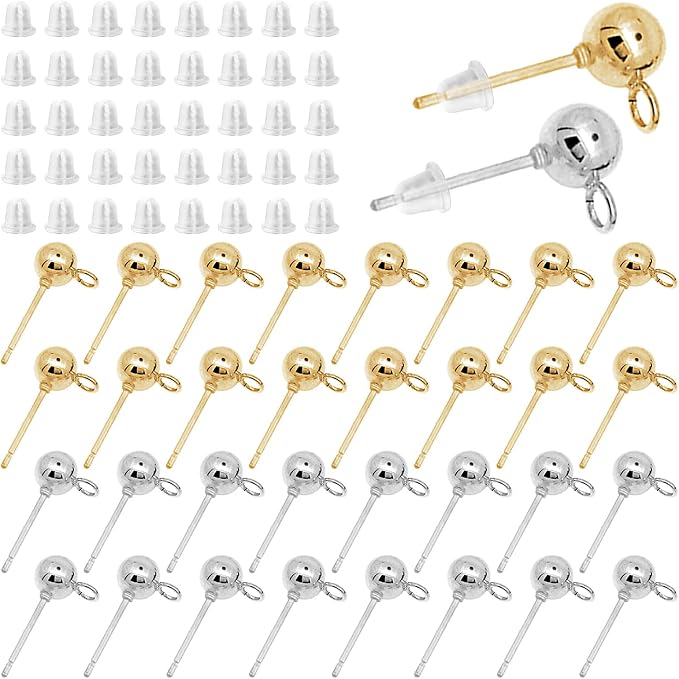 160Pcs Ball Studs for Jewelry Making, Hypoallergenic Ball Earring Studs Round by Oubaka