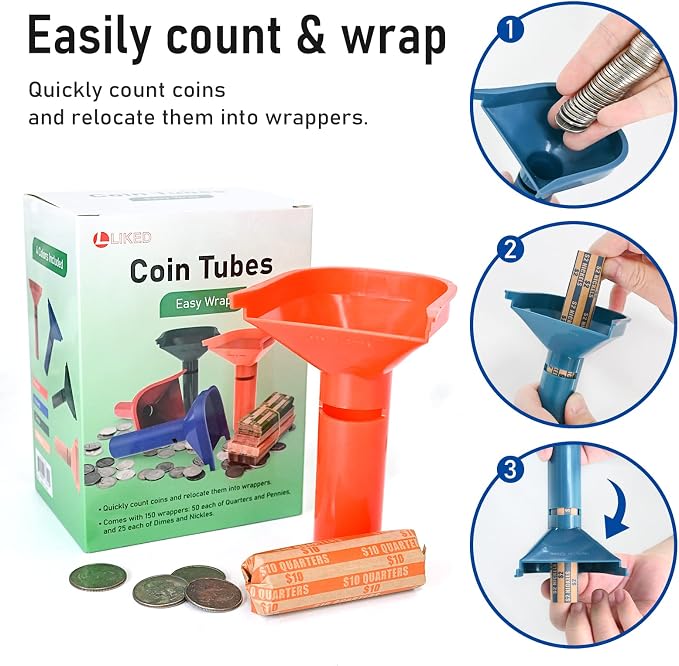 L LIKED 150 Assorted Flat Striped Coin Wrappers & 4 Coin Sorters Tubes - Image 3