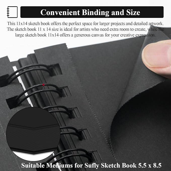 SuFly Black Paper Drawing Pad, 60 Sheets Large Sketch Book 11x14, Spiral Bound - Image 4