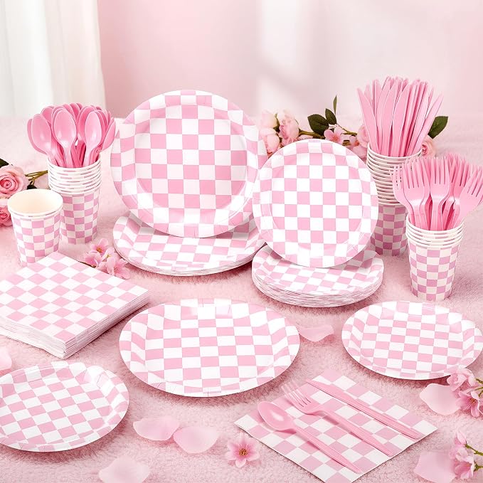 Pickmesh 400 Pcs Pink and White Checkered Party Decorations Set Light Pink - Image 4