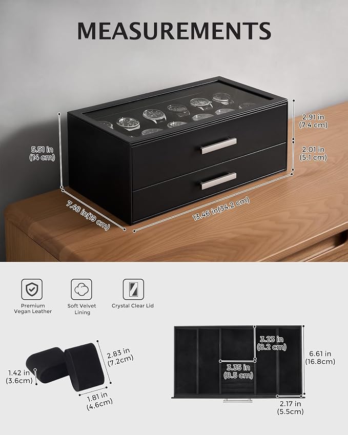 ProCase 12-Slot Watch Case for Men, 2-Tier Pull-Out Drawers Box -Black | - Image 6