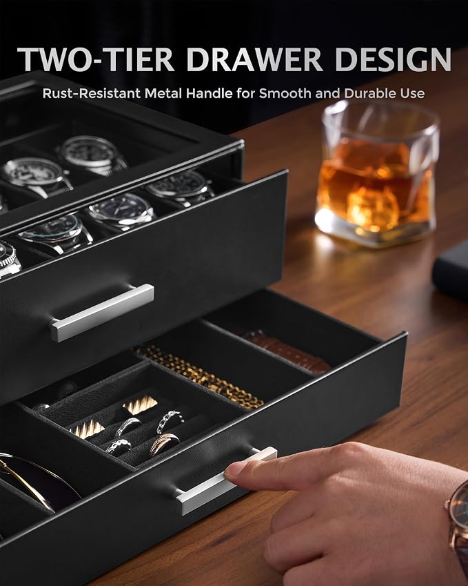 ProCase 12-Slot Watch Case for Men, 2-Tier Pull-Out Drawers Box -Black | - Image 2
