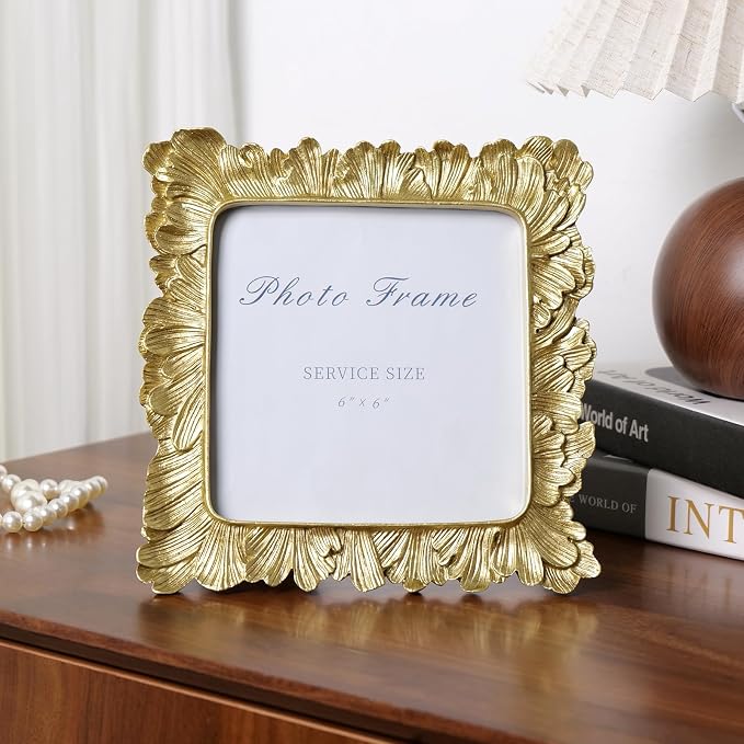 Cuspin 6x6 Gold Picture Frame, Vintage Palm Leaf Square Photo Frame - Image 2