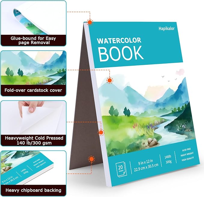 Hapikalor 9"x12" Watercolor Sketchbook, Water Color Paper, 140lb/300gsm - Image 7