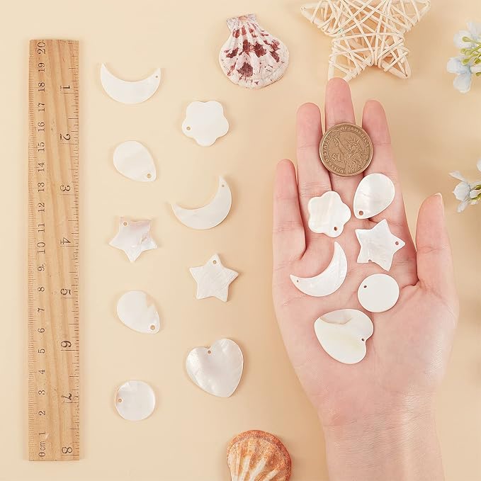 SUNNYCLUE 1 Box 36Pcs 6 Styles Natural Freshwater Shell Pendants Flat Round - Image 3