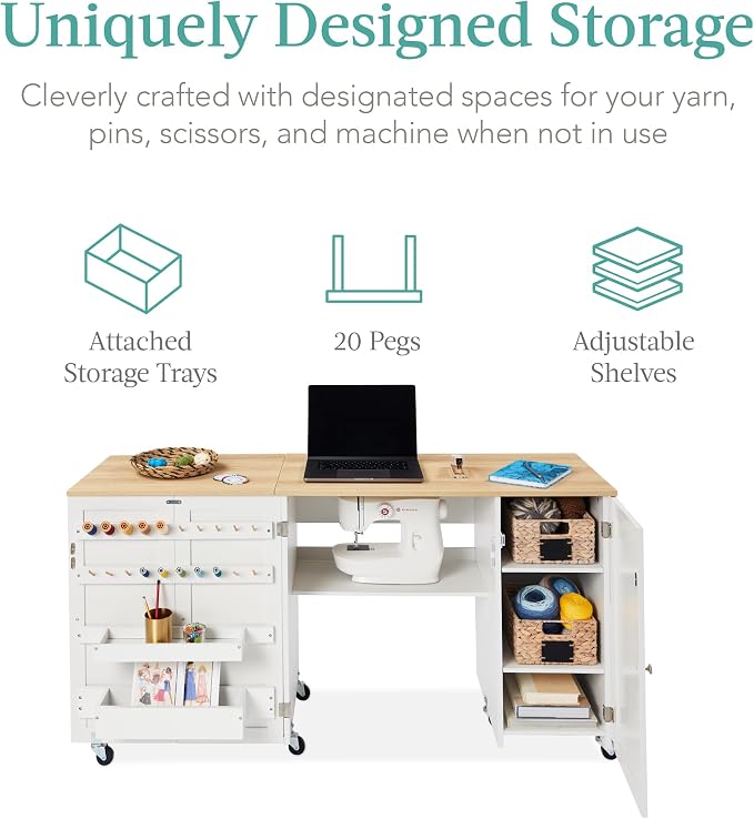 Best Choice Products Large Folding Sewing Table, Caster Wheels, Storage Shelves - Image 3