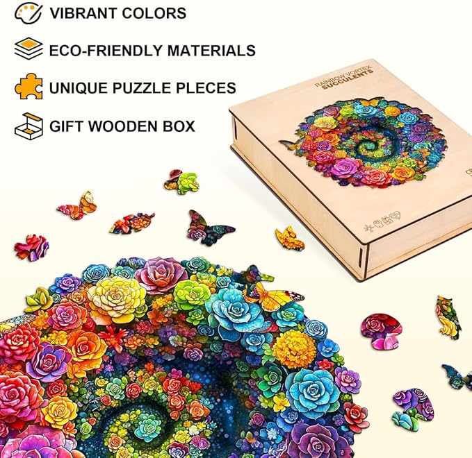 Rainbow Vortex Succulents Puzzles Adults Gifts Wooden 175 Pieces 11.4 * 10.9in - Image 3