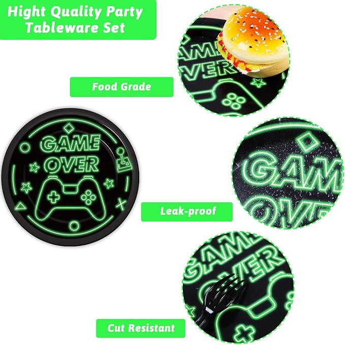 96pcs Video Game Party Supplies Tableware Set Neon Game On Paper Plates and - Image 4
